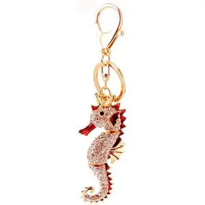One Pack Ocean Animals Seahorse Colorful Rhinestone Car Key Chain Ring Gift Bag Buckle Holder for Women Men