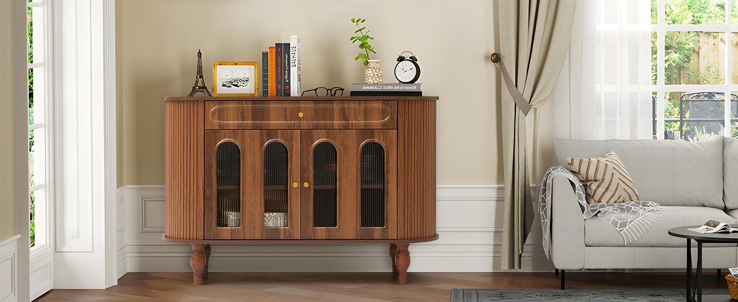 Giratree 47'' Fluted Sideboard Buffer Cabinet with Drawer, Modern Credenza Storage Cabinet, Bar Cabinet Console Table with Tambour Sliding Side for Living Dining Room Kitchen Hallway Entryway