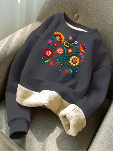 Autumn Winter Fashion Fleece Sweatshirt, Fun Floral Print Long Sleeve Warm Sports Top, Cozy Outdoor Wear for Men & Women