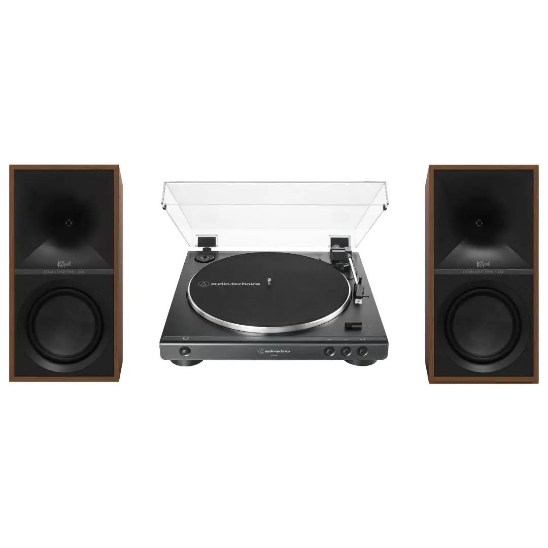 Klipsch The Sevens Heritage-Inspired Retro Wood Veneer Vintage Metal Powered Audio Speakers (Walnut) Bundle Pack with 60X-BK Fully Automatic Belt-Drive Digital Stereo Turntable, Remote, Optical Streaming & HDMI ARC Capabilities for Home Cinema, 6.5-Inch H