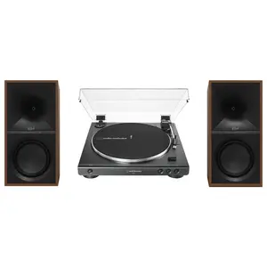 Klipsch The Sevens Heritage Inspired Vintage Metal Powered Speakers (Walnut) Bundle with 60X-BK Fully Automatic Belt-Drive Digital Stereo Turntable, Remote & Streaming Capabilities