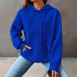 Womens Hoodies Casual Long Sleeve Drawstring Waffle Pullover Tops Loose Hooded Sweatshirt with Pocket Can be used with raincoat