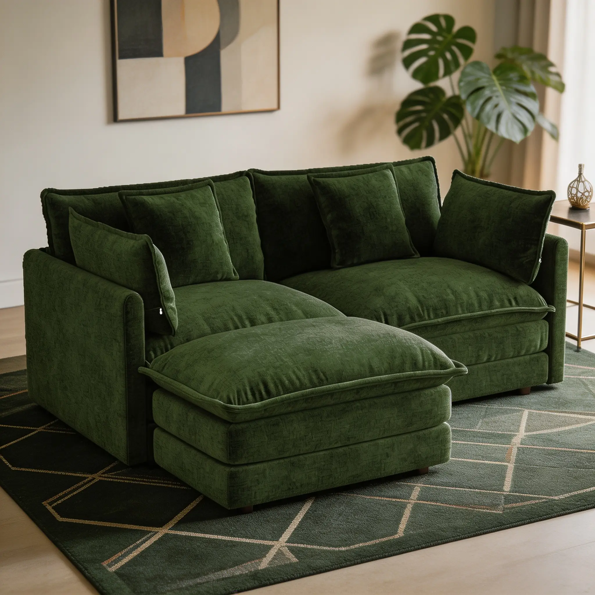 L-Shaped 2-Seater Modular Chenille Sofa with Ottoman, Pillows and Solid Wood Frame, Easy Assembly for Small Living Spaces