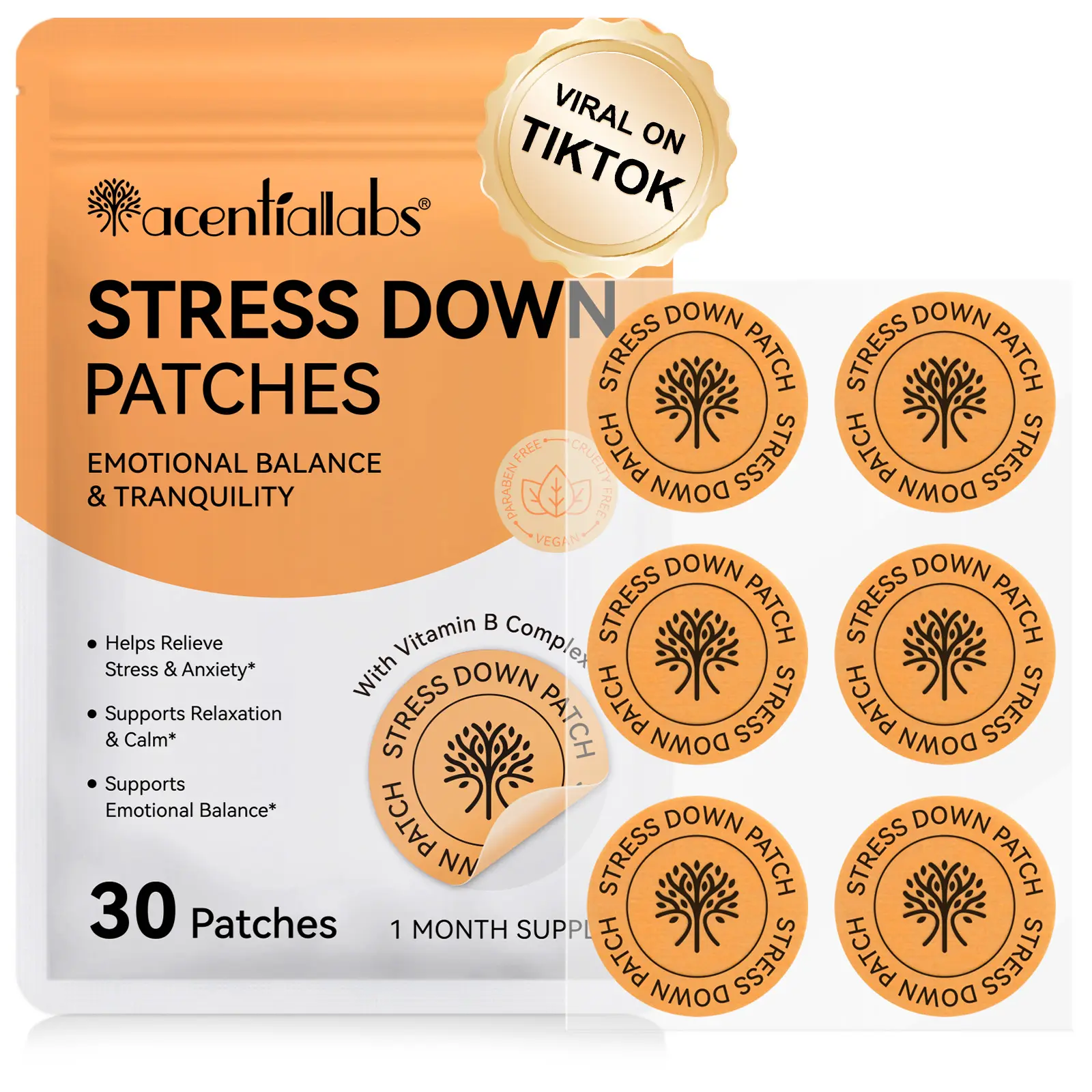 Stress Down Patches - Stress & Anxiety Relief, Cortisol Level Support for Women Men, 30 Patches