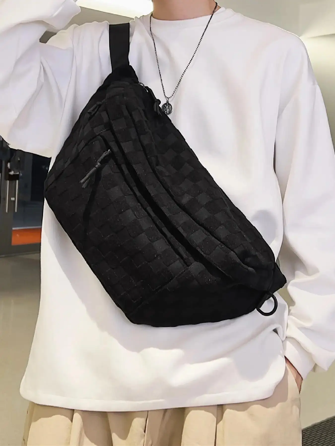 Women's Minimalist Fashionable Plain Plaid Pattern Fanny Pack, Casual Versatile Large Volume Sling Bag with Adjustable Strap for Daily Used, Trendy Al