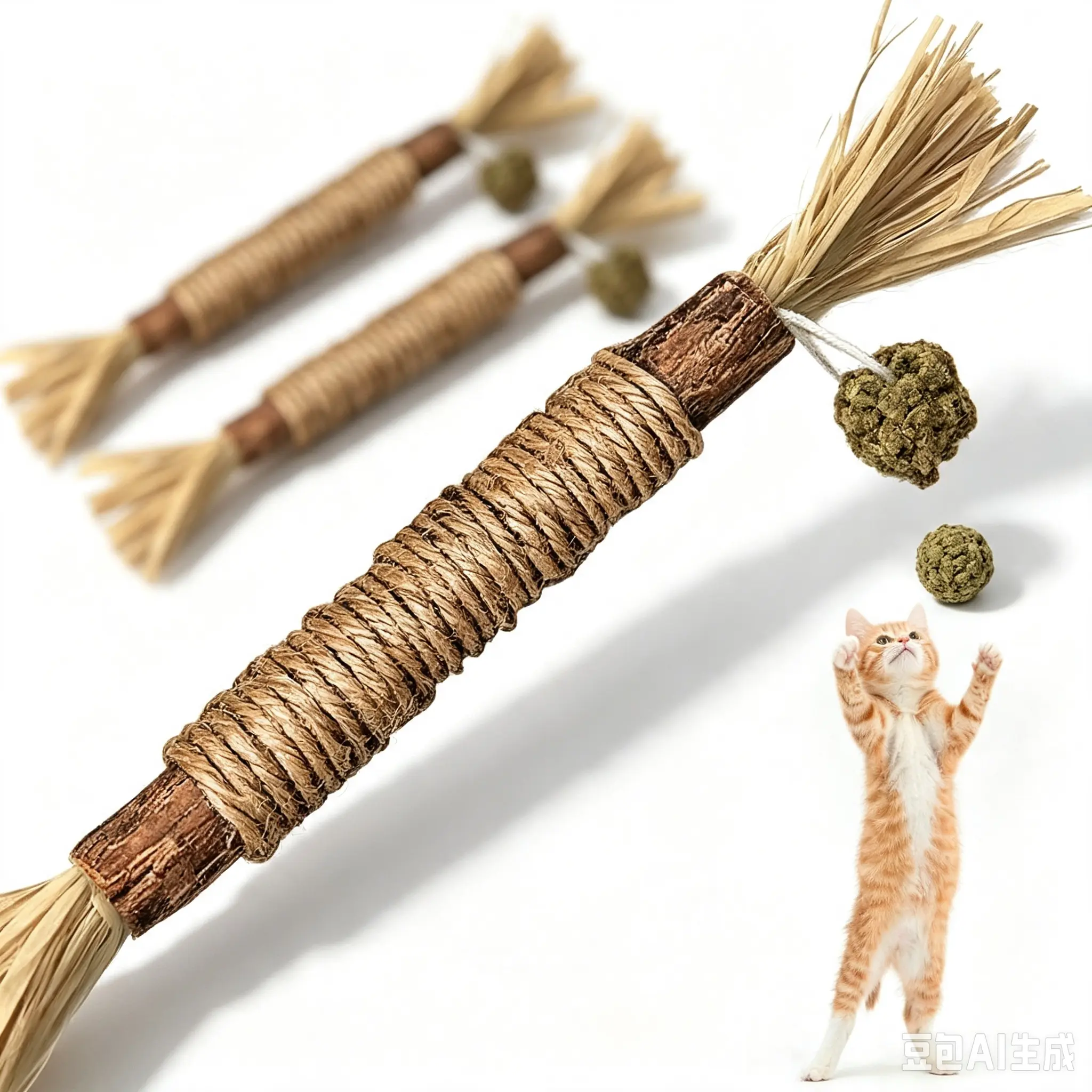 Silvervine Cat Chew Sticks with Raffia Tassels, Natural Woven Rope Interactive Kitten Toy, Teeth Cleaning & Boredom Relief Pet Toy for Indoor Cats Daily Play