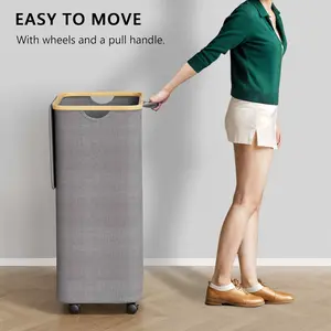 [ManyDFYu] 100L Laundry Hamper on Wheels LaundryRoomHacks, Grey Foldable with Lid & Bamboo Handles SmallSpaceStorage