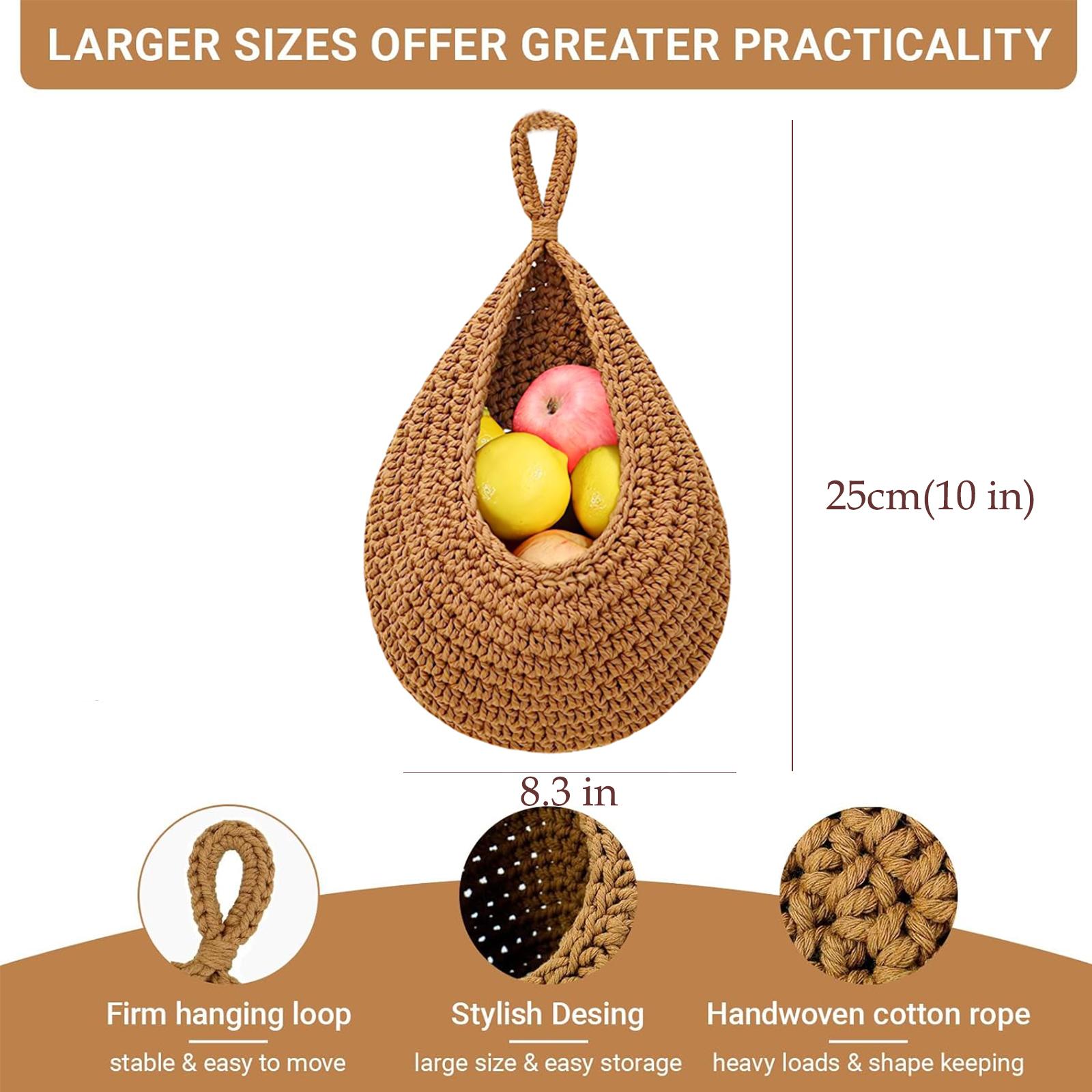 1 Pack Boho Hanging Fruit Basket for Kitchen, 10in High Elasticity Hanging Teardrop Design Handwoven Wall Hanging Basket with Strong Hook for Fruits Vegetable Potato Onion Storage(Caramel)