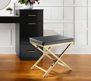 HomeRoots 554174 Vanity Chair - 21 in. Faux Leather Chair for Vanity, Charcoal & Gold