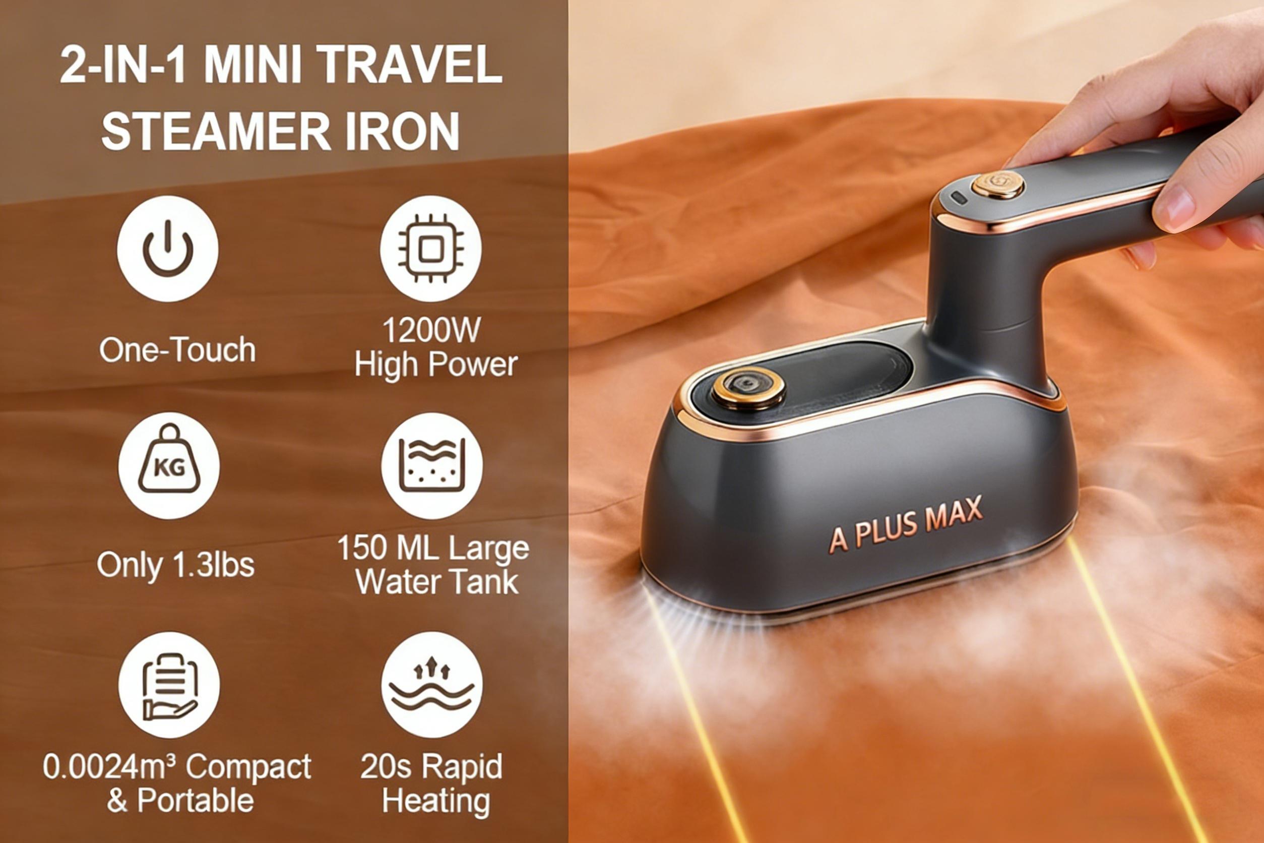A PLUS MAX 2-in-1 Steam Iron & Clothes Steamer - Handheld Portable Garment Wrinkle Remover, Fast Heat-Up, Large Soleplate, 150ml Water Tank - Lightweight for Home, Travel, Christmas gifts New Year's gift