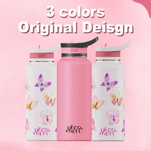 Water Bottles Durable Insulated with Straw Lid and Butterfly Decorations Reusable Stainless Steel 32oz Leak Proof Portable Vacuum Flask Tumbler Mug for Women Gifts Pink