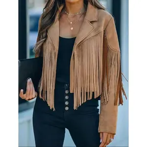 Women's Solid Color Fringe Trim Pu Leather Jacket, Casual Long Sleeve Collared Outerwear for Spring & Fall, Ladies Clothes for Daily Wear, Jackets for Women Womenswear Coats Tops Comfort Basic Fawn Brown Fitted Minimalist