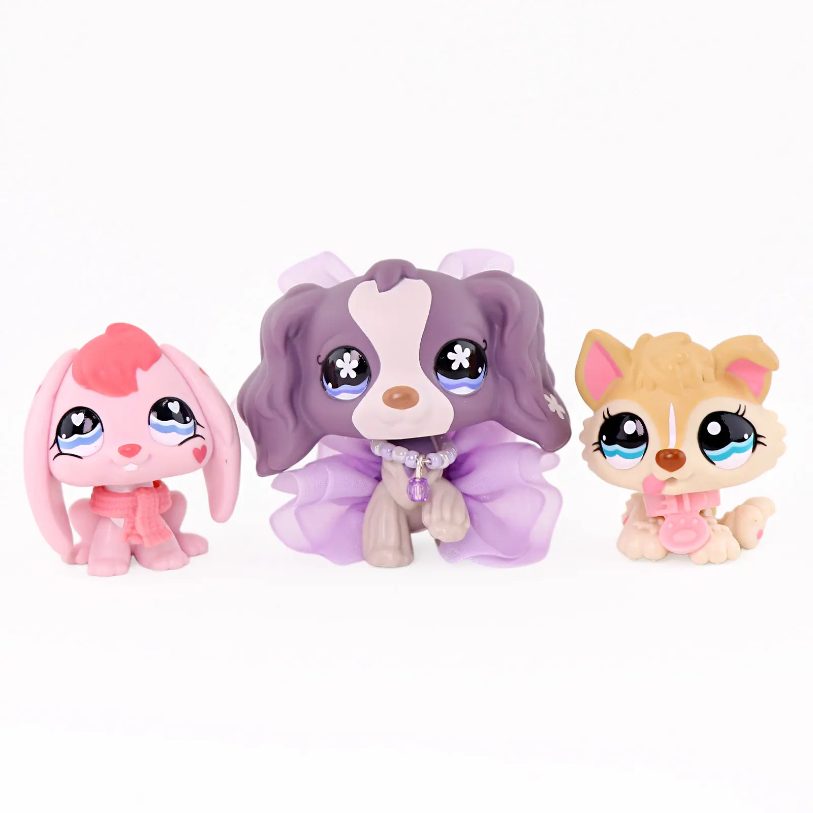3 Pcs Cute Mini Animal Collectible Figures Set, Pink Lop Bunny, Tutu Spaniel Puppy & Kitten Toy Figurines with Scarf, Necklace & Bone Accessories, Hand Painted Tiny Pet Statues, Cake Topper Dollhouse Decor Gift for Kids Girls Boys Age 4+
