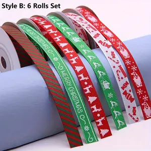 6 Rolls, 60 Yards Of Festive Christmas Ribbon - 10mm Wide, Perfect for Gift Wrapping And Holiday Decorations, Navidad, Ribbons for Bouquets, Flower Wrapping Paper, Craft Supplies, Fabric, Handmade Wedding Bouquets Material