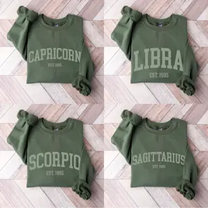(Leave A Note or DM to Shop) Custom Zodiac Sweatshirt – Military Green Color, Custom Year-Est Your Year Astrology Pullover, Cute Horoscope Energy Gift, Unisex Crewneck Sweatshirt, Birthday Zodiac Sign Outfit - HARSIN