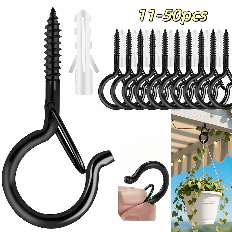 11-50pcs/Q-type Hooks, Ceiling With Safety Buckle Anti Drop Hooks, Windproof Screw Hooks, Used For Hanging Outdoor String Lights, Plants, Bird Feeding Cages, Christmas Courtyard Lights