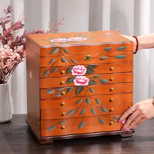 Hand-Painted Wooden Jewelry Box,jewelry boxes for women large,jewlrey box&organizers with necklace hanger,jewerly organizer,9-layer large capacity jewelry storage box for jewelry