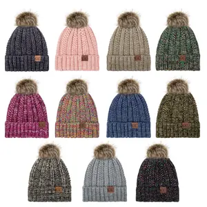 Thick Cable Knit Beanie with Faux Fur Pom Pom and Fleece Lining Warmth Cuff Cap Beanie - C.C Winter Warm Hat Mix YJ820