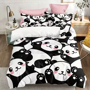 Cute Panda Cartoon Down Comforter Set, Breathable Soft Bedding, Three-Piece Bedroom Decor, Comfortable Adorable Design, Breathable Duvet Set