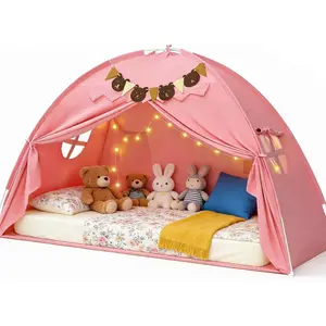 Twin Bed Tent for Kids Girls Breathable Privacy Sleeping Tent Canopy Dream Playhouse with Stars Light & Flags Toddler Indoor Play Tent Pink Birthday Children's Gift