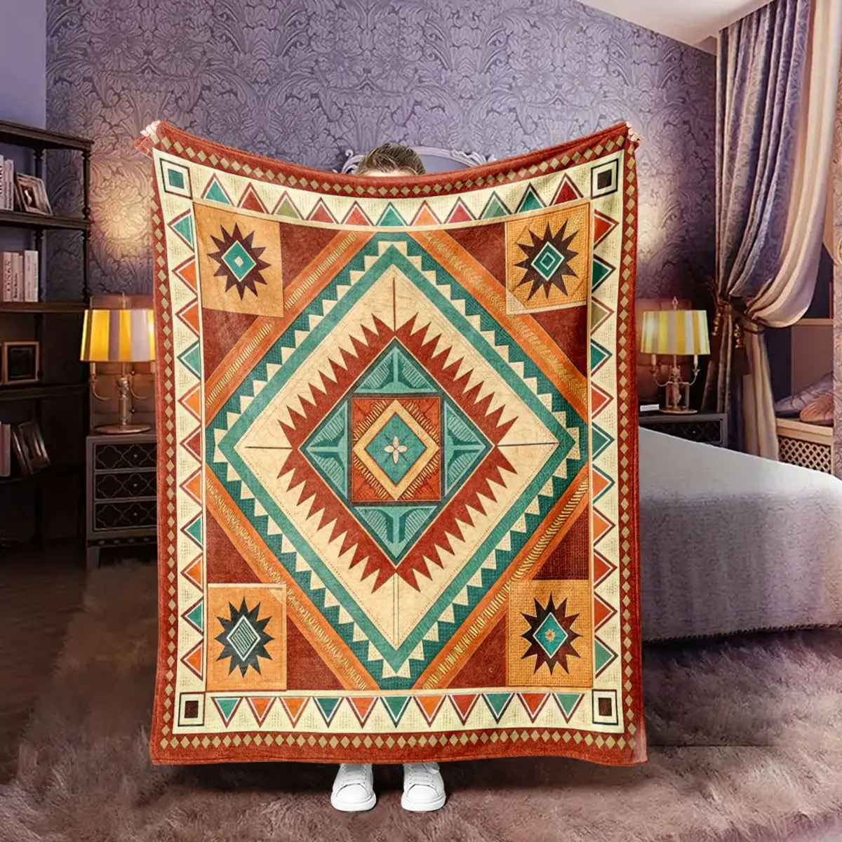 American Indian Geometric Totem Print Blanket, Flannel Throw Blanket, Soft Flannel Warm Bedding, Ideal Gift for Native Culture Lovers