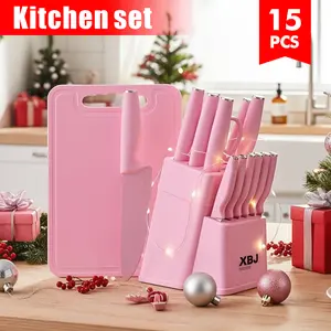 XBJ Premium 15-Piece Stainless Steel KitchenKnife Set with Built-in Sharpener |includes ChefKnife, Japanese Knife, Meat Cleaver, Bread KnifeSteak Knives & Scissors|Washable, PlasticHandles | Perfect Gift Set,Pink  Stainless steel cutlery set Kitchenware