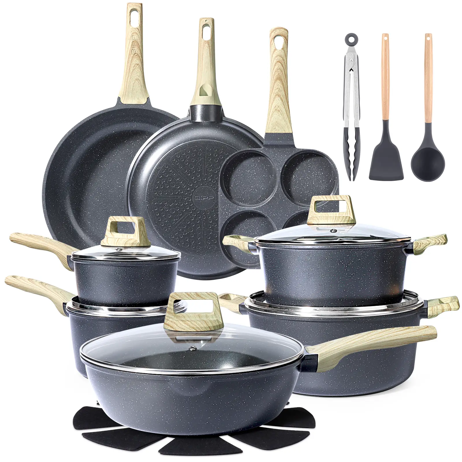 [Official] GiPP 22 Pcs Pots and Pans Set, Non Stick Kitchen Cookware Sets, Cookware Nonstick Granite Cooking Set, Stackable Ceramic Pans With Frying P