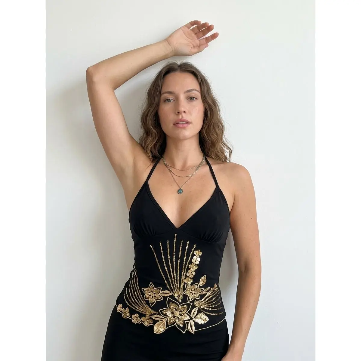 Women's Y2K Style Flower Beaded Embroidery Asymmetrical Hem Halter Neck Backless Fitted Camisole, Bohemian Chic & Sexy Black And Gold Top Sequin Top