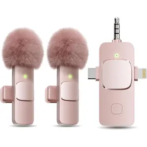 3 in 1 Wireless Lavalier Microphones for iPhone, iPad, Android, Camera, Mini Microphone, 7-Hour Battery, High Definition Sound Quality for Interview, Video Podcast, Vlog (Pink)