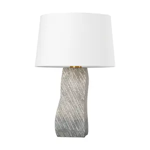 Raiden Table Lamp With Fluted Ceramic Body And Vintage Gold Leaf Accent, Grained White Linen Shade