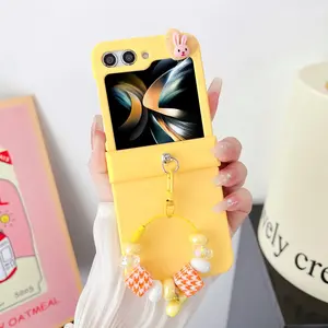 Cute Macaron Color Phone Case for Samsung Galaxy Z Flip 7/6/5/4/3, Hard Cover with Hinge Ring and Heart Charm Design