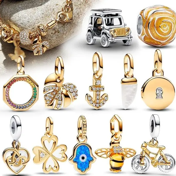 Gold Plated Dangle Charm Beads for Bracelet, Cubic Zirconia Evil Eye Clover Bee Anchor Pendant Charms, DIY Bracelet Jewelry Making Gifts for Women