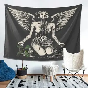 VIKAMA Dark Angel Winged Kneeling Figure Tapestry, Black Mystique Art Mural, Scarf-Inspired Home Decor for Living Room Feature Wall Room Accent, Home Supplies Decoration