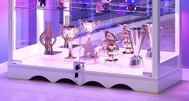 Dystler RGB Display Cabinet with Glass Doors - 39’‘ Tall Curio Cabinet with Lock & Adjustable Shelves, 3-Tier Display Case with Lights, for Collectibles/Figure/Helmet/Football