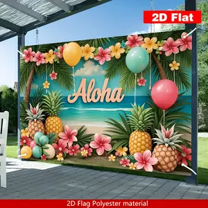 2D Flat Banner, Summer Banner,, Material, Summer Party Background Decoration Flag, Pineapple, Palm Tree and Blue Sky Background, Suitable for Multifunctional Decoration of Outdoor Celebration Activities