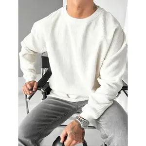 Men's Corduroy Crew Neck Sweatshirt, Thick Warm Solid Color, Casual Loose Fit, Multi-Functional Travel Style, Polyester Fabric, Long Sleeve Pullover