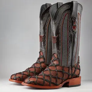 Cognac Jumbo Pirarucu Print Leather Boots - Square Toe