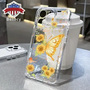 Sunflower Butterfly TPU Pattern Phone Case for iPhone 15 16 14 Pro Max 13 12 11 XR XS Plus Non-Yellowing Clear Crystal Drop-proof Protection Slim Silicone Cover Cellphone Protective