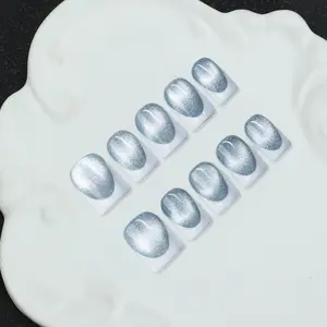 10 pieces/set of square handmade nail tips, Y2K Baddie style, silver and white nail plates with French white edges and cat eye design, including tool kit, perfect gift nail supplies for women and girls, handmade nail pressing