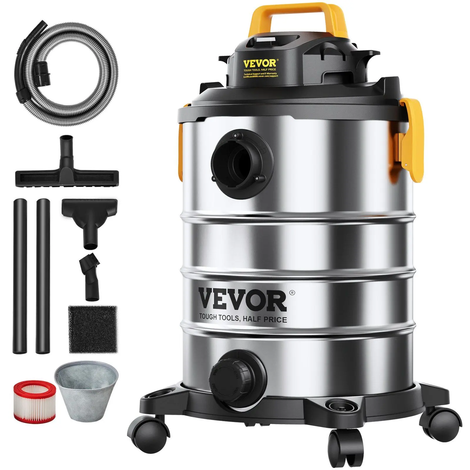 VEVOR Stainless Steel Wet Dry Shop Vacuum, 8 Gallon 6 Peak HP Wet/Dry Vac, Powerful Suction with Blower Function w/ Attachment 2-in-1 Crevice Nozzle, Small Shop Vac Perfect for Carpet Debris, Pet Hair
