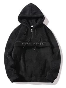 Men's Fall Winter Outfits Fleece Hoodie with Embroidered Letter Front for Daliy Wear, Old Money Style Half-Zip Pullover, Drawstring Hat, Casual Trendy Sweatshirt，Essential for Man's Wardrobe.