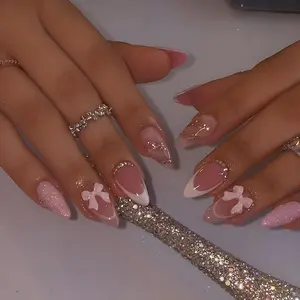 Almond French Tip Press On Nails Medium Pink With 3D Bow Diamond Glitter Glossy Reusable Kit For Women