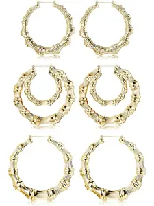 3 Pairs Bamboo Earrings Fashion Earrings Large Hoop Earrings Set Hoop Earring Sets Gold Tone Round Statement Hip-Hop Earrings For Women (A)