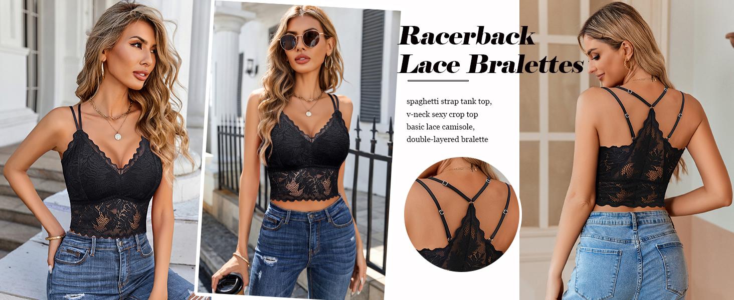 Avidlove Lace Bralette for Women V Neck Camisoles Racerback Adjustable Hot Strap Crop Tops in Blue Nylon Spandex Breathable Minimalist Basic SpringStatements