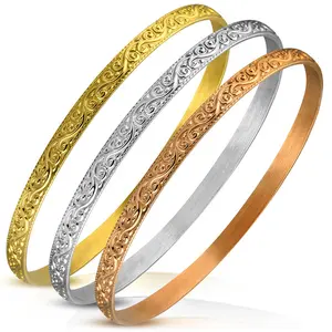 Stainless Steel Yellow Rose Gold-Tone Silver-Tone Three Stackable Bracelets Set