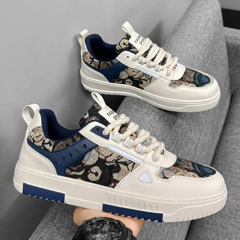 Men's Fashionable Patchwork Print Lace Up Skate Sneakers, Patchwork Design Sneakers, Training Sneakers, Low Top Sneakers, Casual Comfortable Sports Shoes for Daily Wear, Male All-match Round Toe Shoes for Daily Wear, Trendy Fashion Sneaker
