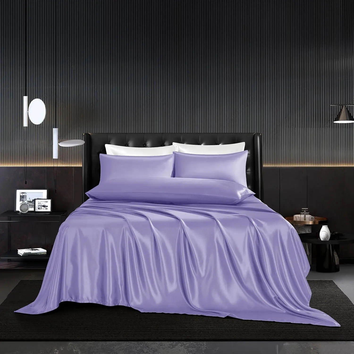 5Pcs Lavender Silk Size Sheet Set - Bedding With 1 Flat Sheet, 1 Deep Fitted Sheet, 3 Pillowcases With Envelope Closure - Comforter Sheets
