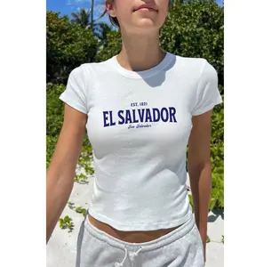 El Salvador Baby Tee Jersey Top, Soccer y2k- Y2K El Salvador Tshirt - El salvador flag Graphic Tee