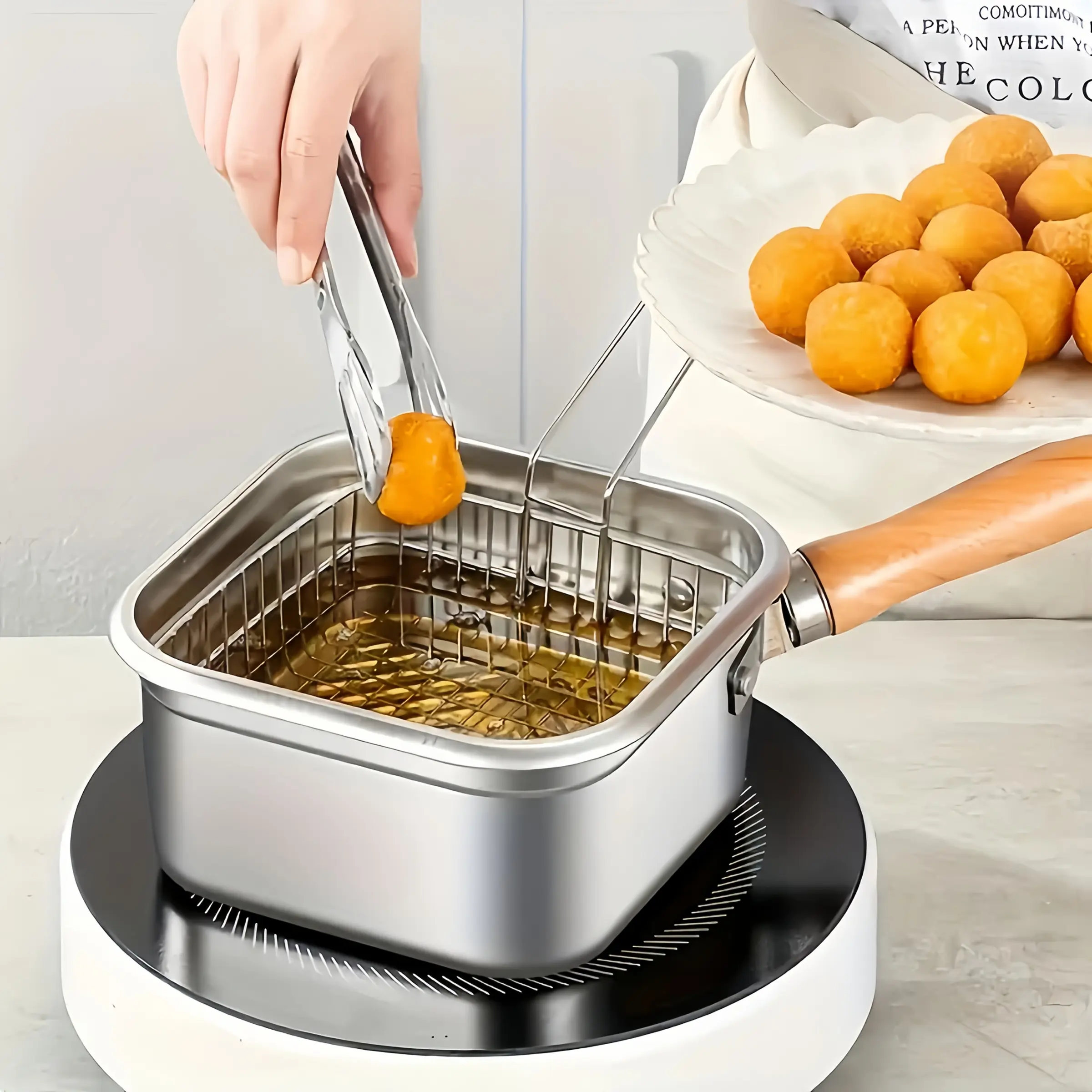 Stainless Steel Square Frying Pan, Home Milk Pot Noodle Cooker, Portable Outdoor Tempura Fryer with Basket, Universal Stove Compatibility, Deep Fryer, Durable, Kitchen Appliances