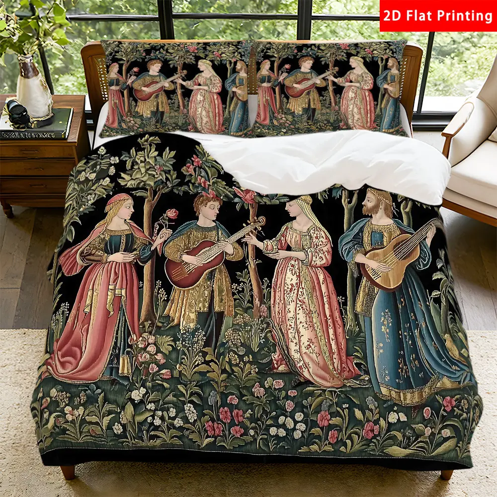 2/3 Pcs 2D Flat Medieval Renaissance Themed Duvet Cover Set Courtly Musicians and Floral Bedding Set Quilt Cover 1 Duvet Cover + 1/2 Pillowcases Vintage Garden Top Sheet Decorative Bedding Bedroom Decor